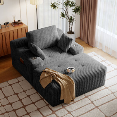 Oversized Plush Corduroy Chaise Lounge Chair Indoor Sleeper Reading Upholstered Sofa With Ottoman Corduroy Cloud Sofa Plush Chair Couch Bed for Living Room Bedroom with Cup Holder (Grey)