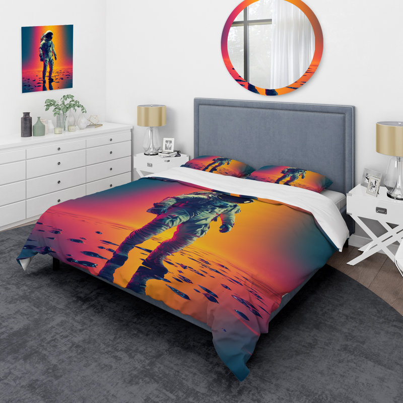Pink Orange Astronaut Through Space II - Space Duvet Cover Set, King Duvet Cover