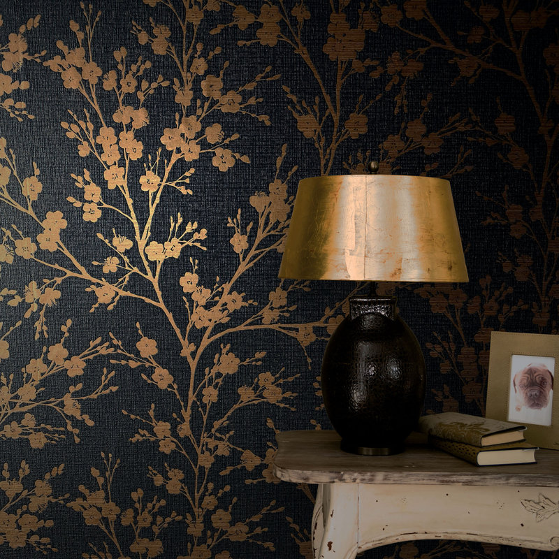 Henk Floral Nature Design 10m x 53cm Wallpaper Roll, Black/Gold