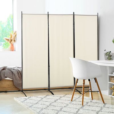 3 Panel Room Divider. Beige Privacy Barricade Wall. Double-hinged Folding. Metal Frame, Secure. Space Saving. 70.87" H X 99.5" L 19.45" D. Home Decor Stuff Screen, In Beige. Folding Model.