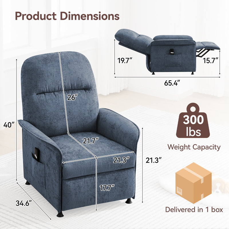 Reclining Chair with Thick Pillow Back, 110°-160° Adjustable, Blue