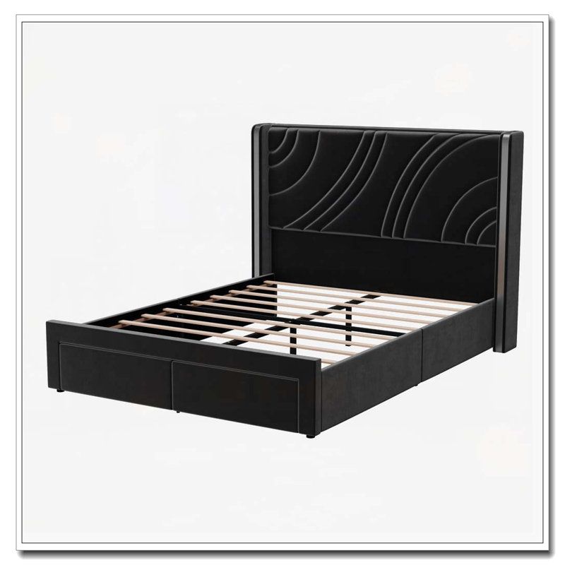 Structure de lit tapissier en velours avec tiroirs de rangement à DEL, Noir, noir, noir, noir, Grand lit