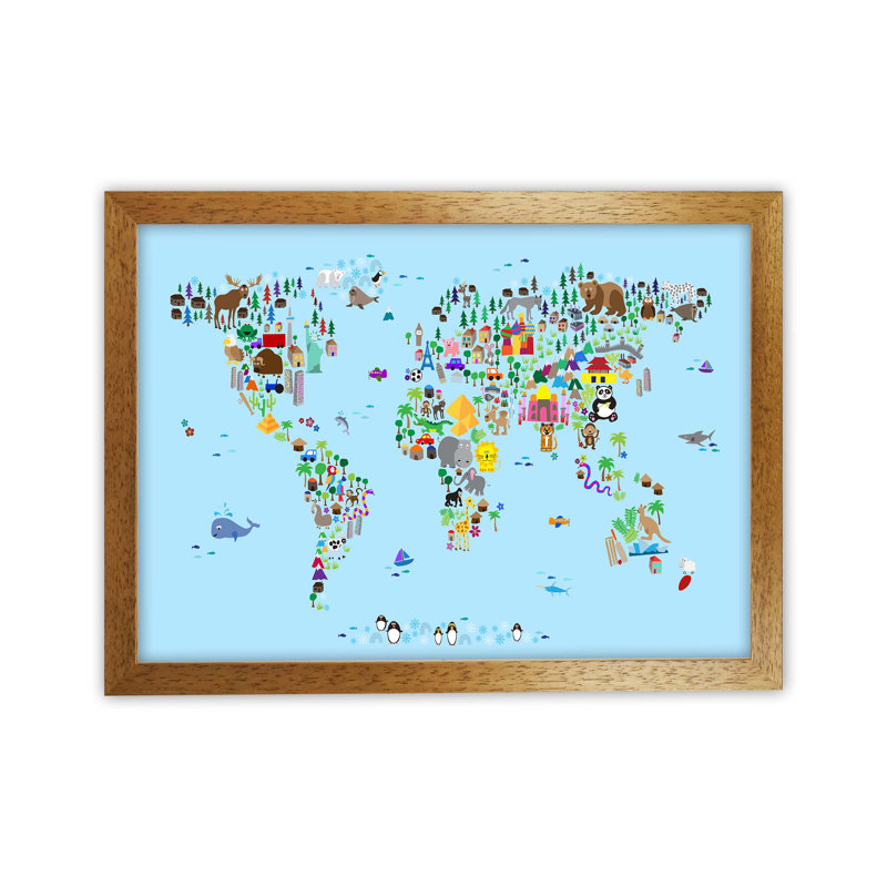 Animal Map Of The World by Michael Tompsett - Print, 46cm H x 63cm W x 3cm D, Brown Framed