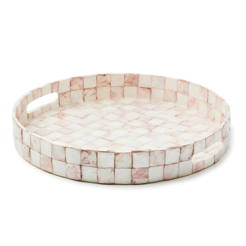 Check Capiz Round Tray, Pink/White