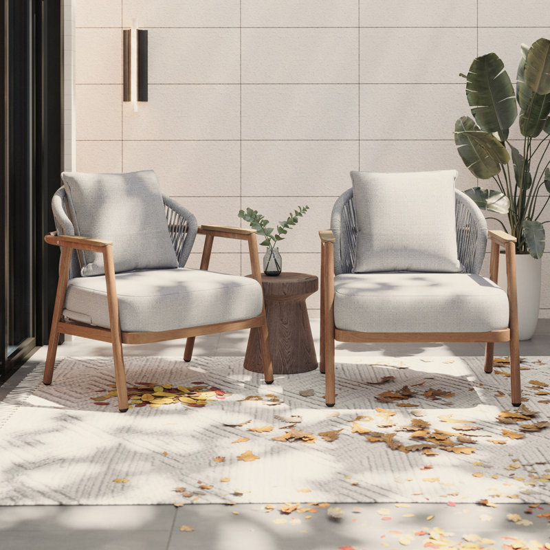 Fauteuil club d'extérieur en corde avec coussin taupe texturé, ensemble de 2, Coussin taupe/cadre en teck