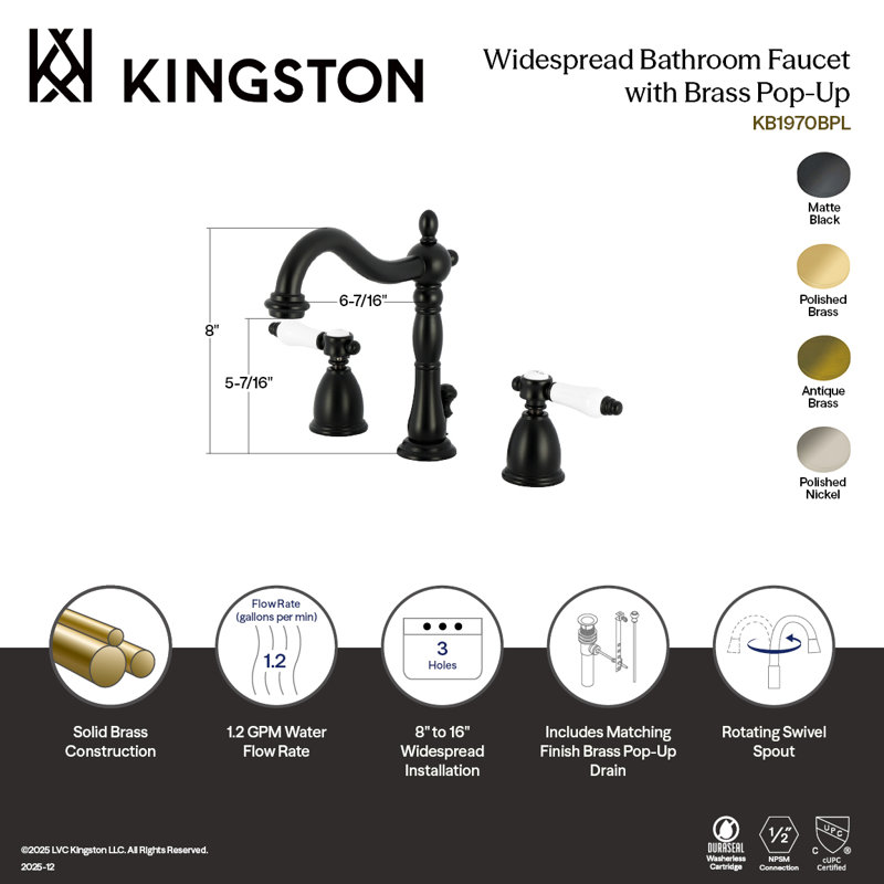 Kingston Brass Bel-Air Two-Handle 3-Hole Deck Mount Widespread Bathroom Faucet with Pop-Up Drain, Matte Black