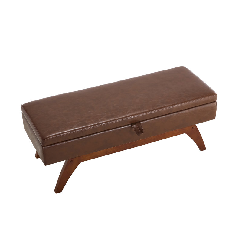 Banc de rangement moderne avec pieds en bois massif, parfait pour le bout du lit ou le vestibule, Cuir polyuréthane brun