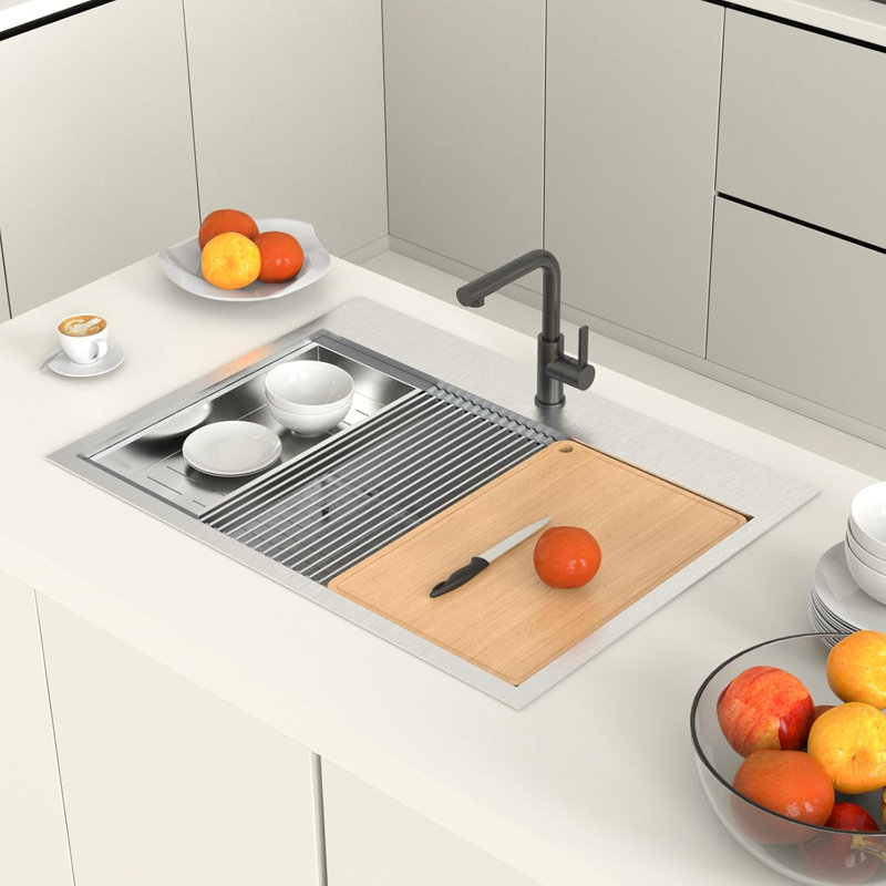33 Inch Stainless Steel Drop In Integrated Ledge Multifunctional Workstation Sink Set In Silver