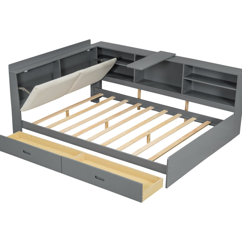 Structure de lit en bois gris avec tête de lit, 2 tiroirs et conception simplifiée, Gris