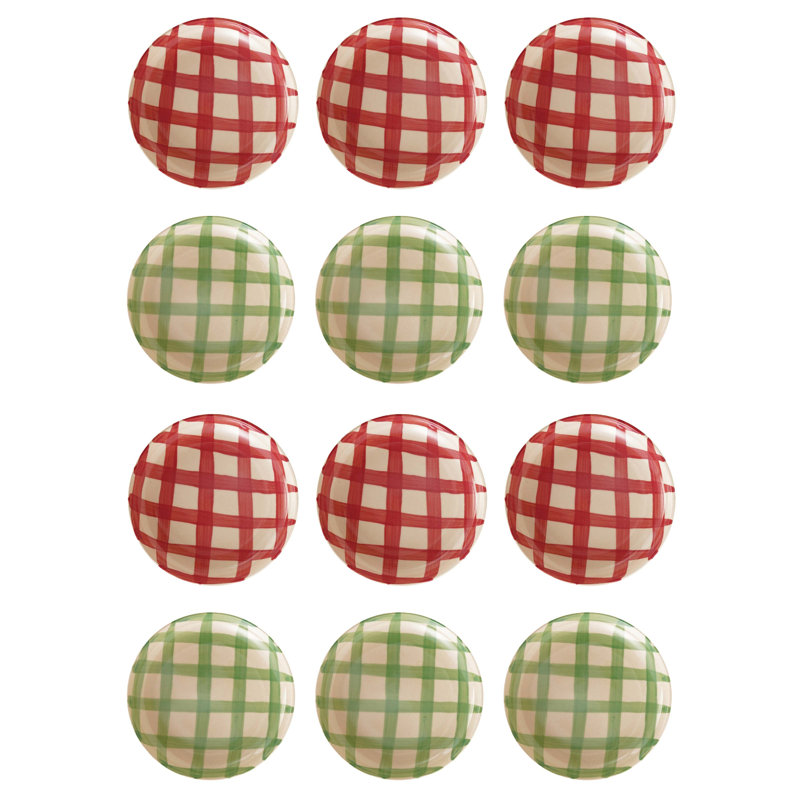 Hand-Painted Stoneware Dish With Plaid Pattern
