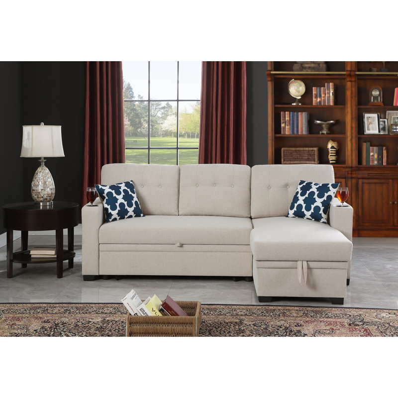 Upholstered L-Shaped Sectional Reversible, Beige Polyester Blend