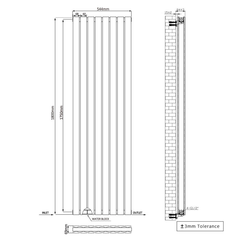 Shonna Vertical Double Flat Panel Radiator, 180cm H x 54.4cm W, Normal Black
