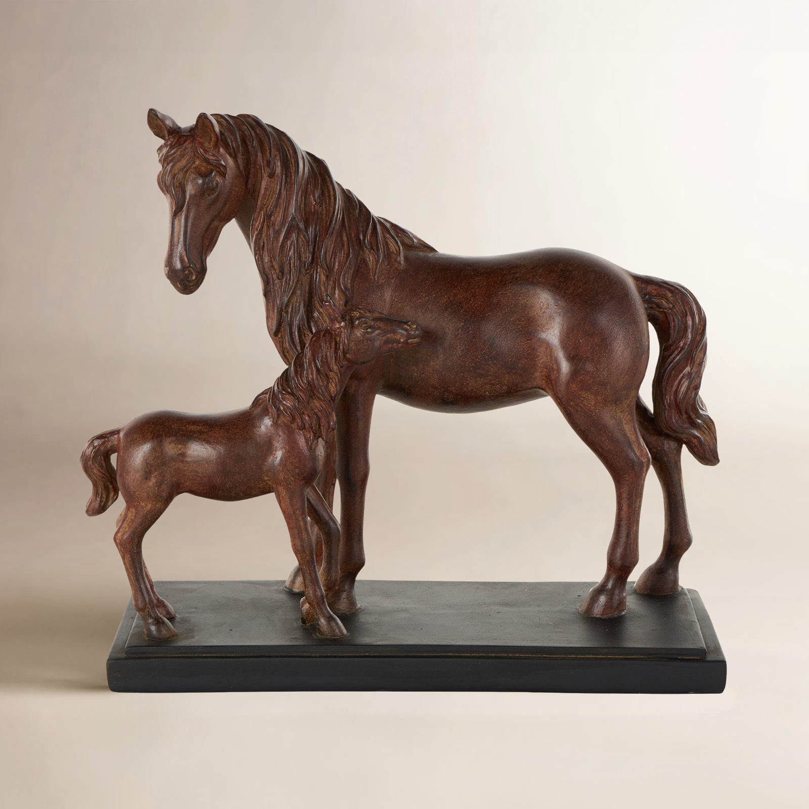 Cole And Grey Ceramic Mom And Baby Horse Sculpture With Black Rectangle Base
