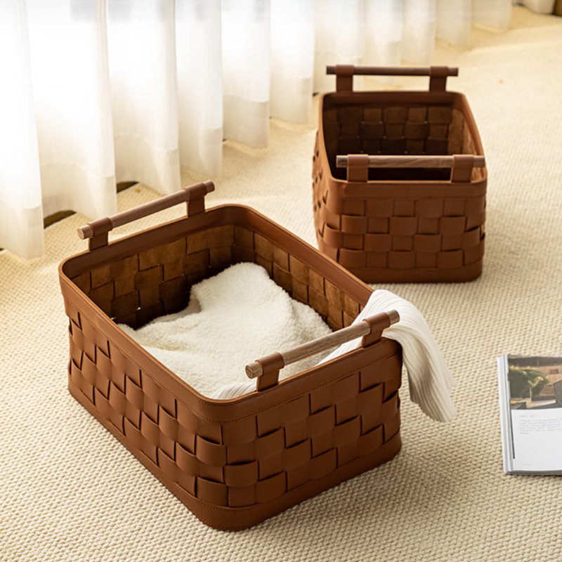 2Pcs,Handwoven Storage Basket - Elegant Laundry Hamper & Organizer For Closet, Bedroom, Or Bathroom - Premium Woven Bin For Clothes, Toys, And Essentials
