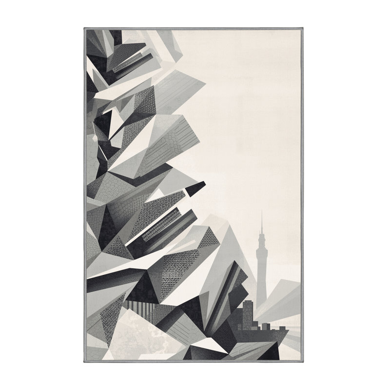 Machine Washable Paublo Busan Skyline Modern & Contemporary Geometric Rug in Gray – Gray Binding, 8x10