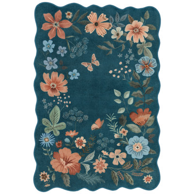 Tawann Machine Washable Floral Botanical Blue Area Rug with Non-Slip Backing for Living Room, Dining Room, Bedroom