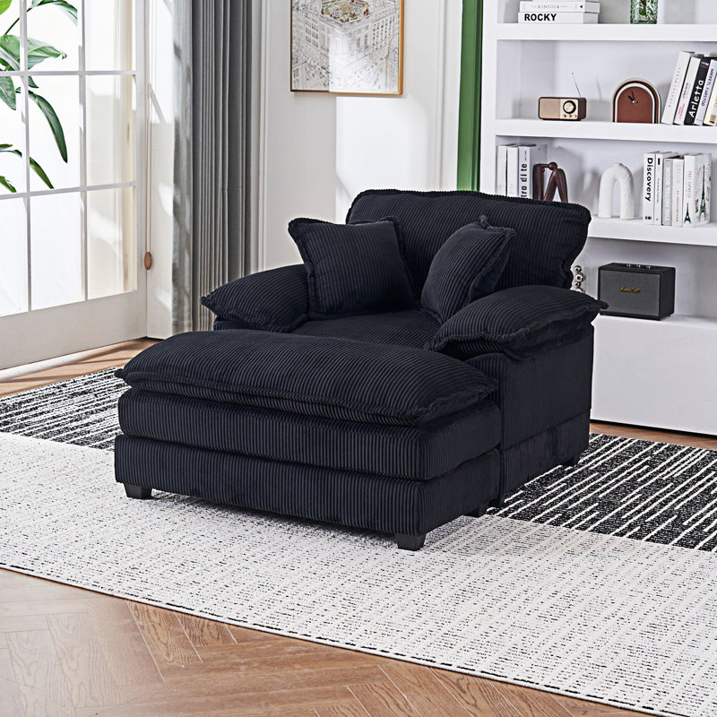 Canapé simple avec 2 coussins décoratifs et un repose-pieds, canapé confortable, canapé à assise profonde, Noir