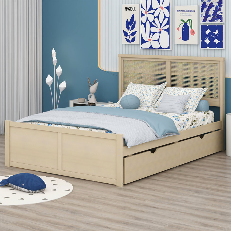 Wood Storage Platform Bed with 4 Drawers and Rattan Headboard, Full, Nature