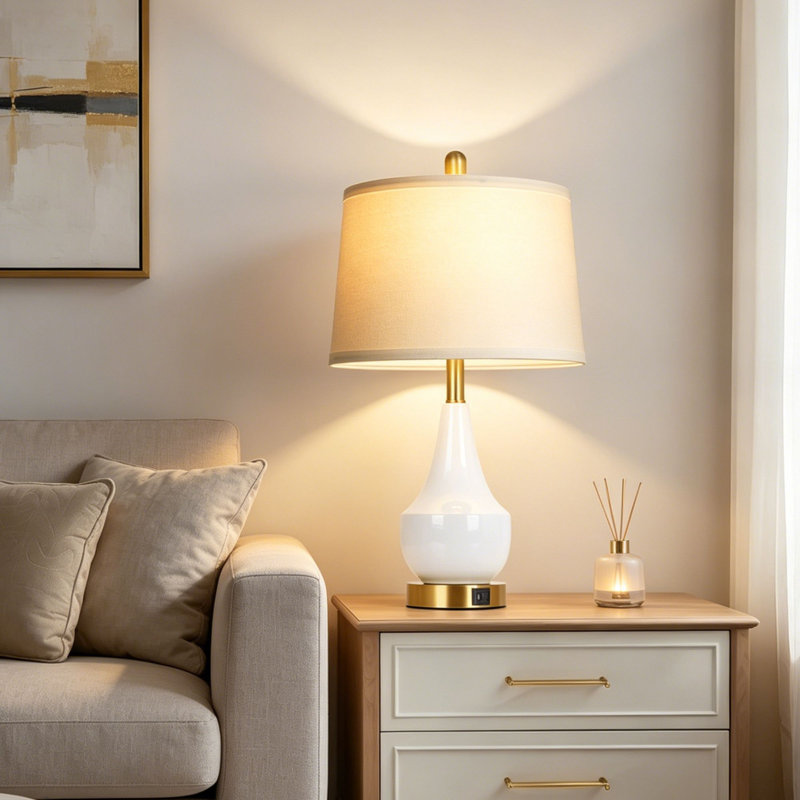 24” White Ceramic Bedside Table Lamps With Dual Usb Ports & Led Bulbs