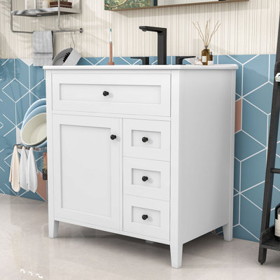Meuble-lavabo autoportant élégant avec tiroirs spacieux, rangement réglable et lavabo en céramique