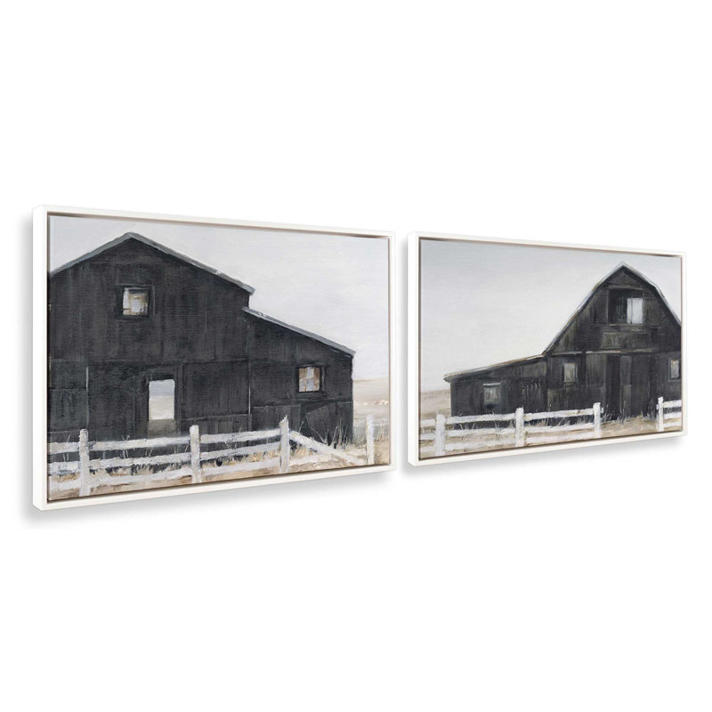 Ensemble de 2 granges noires patinées, Cadre flottant blanc opaque, H 9 po x l 26 po x P 1,75 po