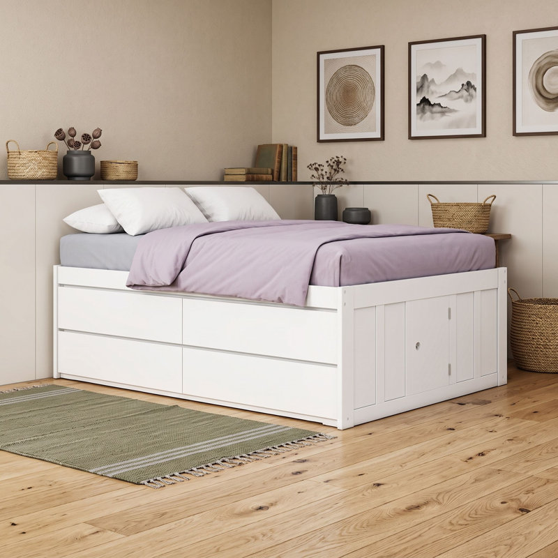 Lit plateforme en bois avec sommier à lattes, tiroirs et porte de rangement latérale, Lit double, Blanc