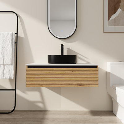 36" Wall Mount Bathroom Vanity with Ceramic Sink - Soft Close Drawer