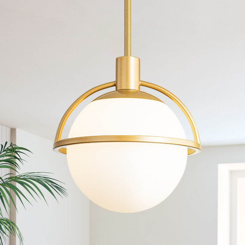 Luminaire suspendu à 1 lumière moderne à intensité variable avec abat-jour en verre opale Gladi, Doré