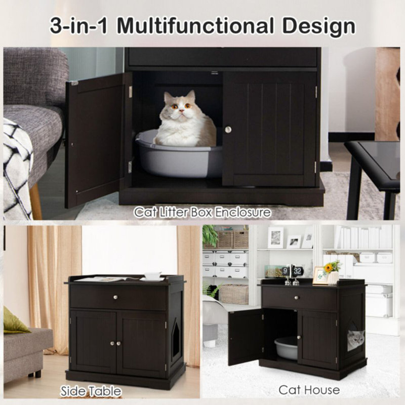 Brown Wooden Cat Litter Box Enclosure with Drawer and Side Table