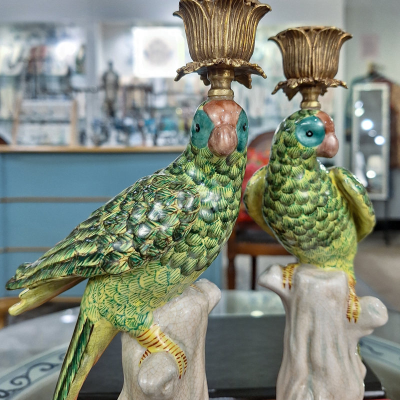 Porcelain Green Parrot Candleholder Pair with Bronze Ormolu