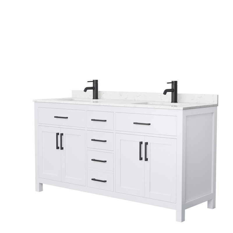 Beckett 66" Freestanding Double Bathroom Vanity with Cultured Marble Top, White, Carrara Cultured Marble, Matte Black