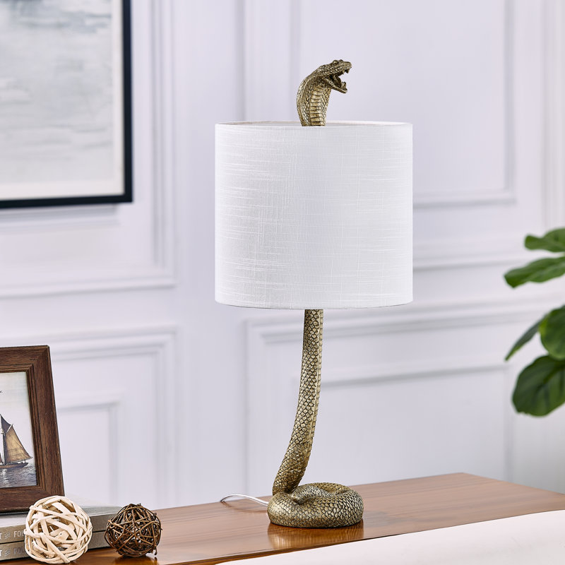 23" Gold Resin Cobra Table Lamp With Linen Shade, White, Gold