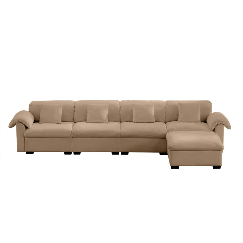 Grand canapé modulaire en forme de L avec sièges profonds et 1 repose-pieds avec rangement, Velours brun clair