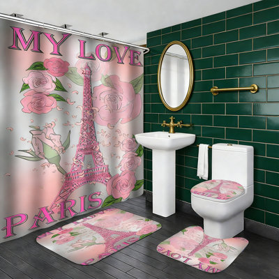 Ensemble de rideau de douche 4 pièces Paris Tour Eiffel avec ensemble de rideaux de bain antidérapant et housse de couvercle de toilette en U imperméable et romantique avec 12 crochets