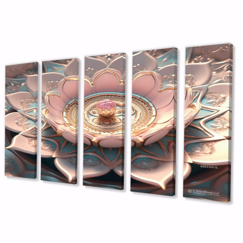 Exquisite Pink Lotus Mandala III - Boho Mandala Wall Decor - 5 Equal Panels