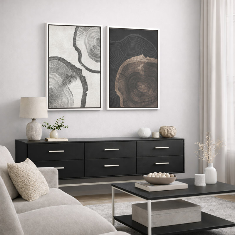 «Tree Ring», souche de bois gris, œuvre d'art neutre, photos de cabane de ferme rustique, ensemble de 2 impressions sur toile encadrées, 16 x 24 x 2, 24 x 36 x 2