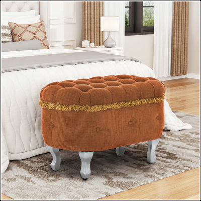 Banc de rangement touffeté avec détails à franges et pieds courbés en bois massif - Orange
