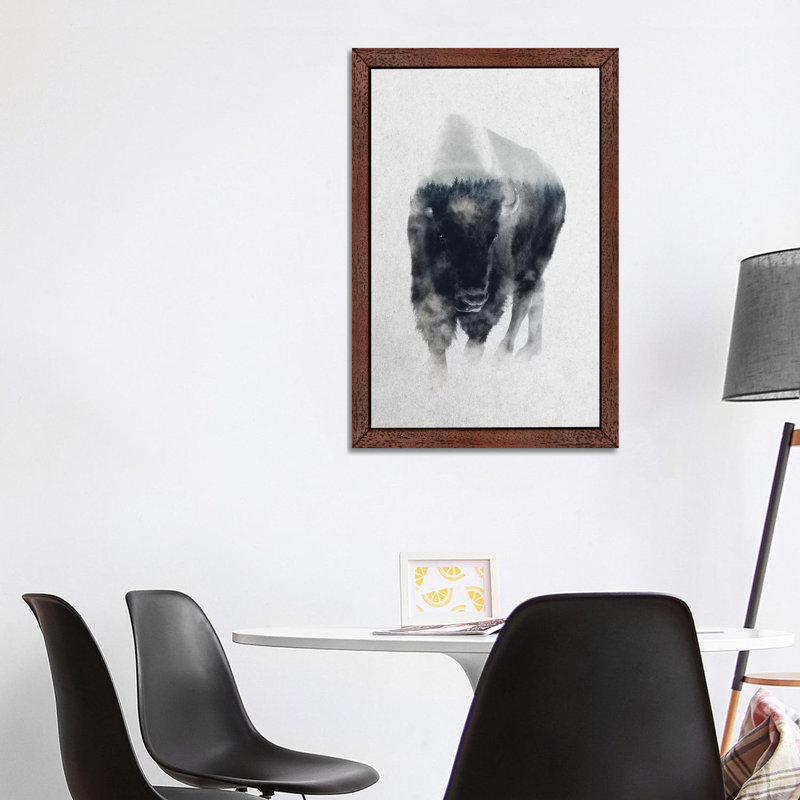Bison In Mist by Andreas Lie - Print on Canvas, 66.04 cm H x 45.72 cm W, Brown Floater Framed