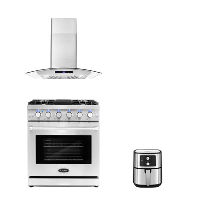 Ensemble 3 pièces d'appareils de cuisine avec hotte murale autoportante 30 po au gaz 30 po et friteuse électrique 5,5 L