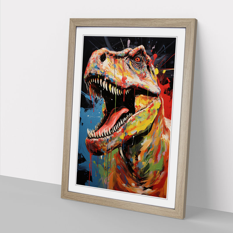 XYZ-FRM-V1223-1660 Tyrannosaurus Rex Dadaism - Single Picture Frame Print on Wood, 46cm H x 34cm W x 2cm D, Oak