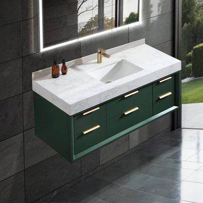 Meuble-lavabo mural simple en bois massif de 48 po avec comptoir en pierre et lumière