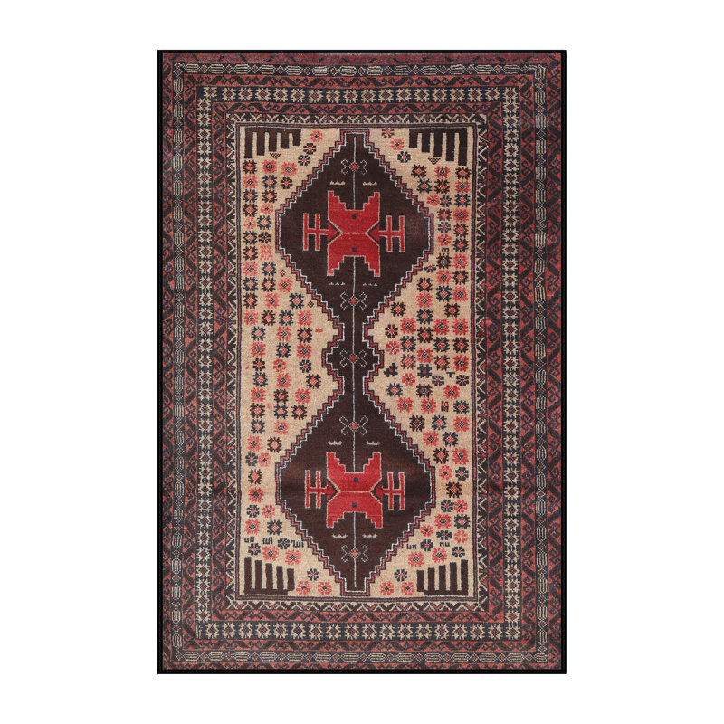Tapis traditionnel rouge / crème, Rectangle 5 pi x 7 pi