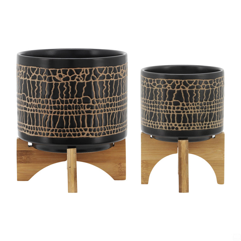 Set Of 2 Glazed Ceramic Planters With Black Metal Stands