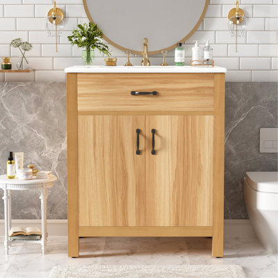 Meuble-lavabo de 30 po en bois avec cadre en bois massif, 2 portes à fermeture douce, 1 tiroir rabattable, tablette réglable, armoire de rangement moderne