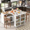Îlot de cuisine roulant avec table allongée, îlot de cuisine sur roulettes avec lumières DEL, prises de courant et 2 portes en verre cannelé, îlot de cuisine avec compartiment de rangement et 3 tablettes ouvertes latérales