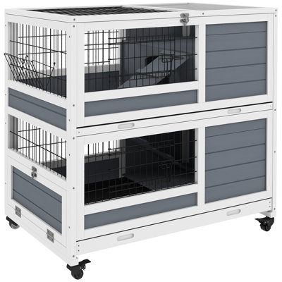 Rabbit Hutch Indoor Wooden House with Wheels No-Leak Trays Grey
