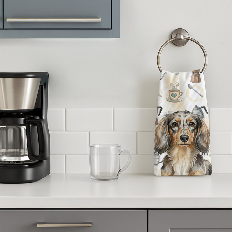 Longhaired Dapple Dachshund Coffee Bar Kitchen Towel, Longhaired Dapple Dachshund