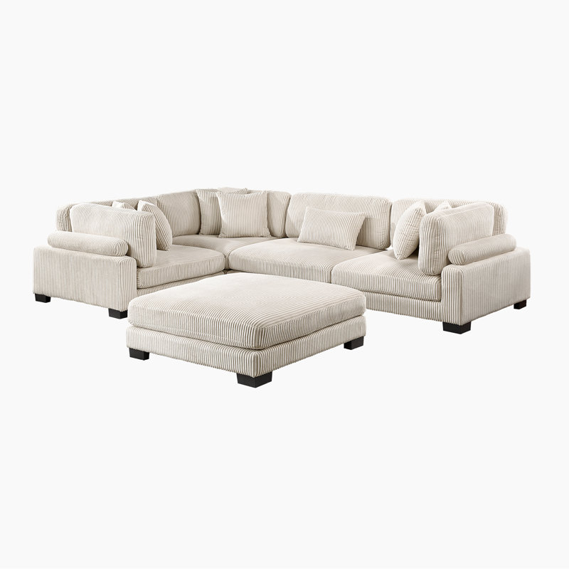 Brinsley 135" Modern 5-Piece Modular Sectional Sofa With Ottoman, Corduroy Upholstery & Foam Over Pocket Coils Comfort