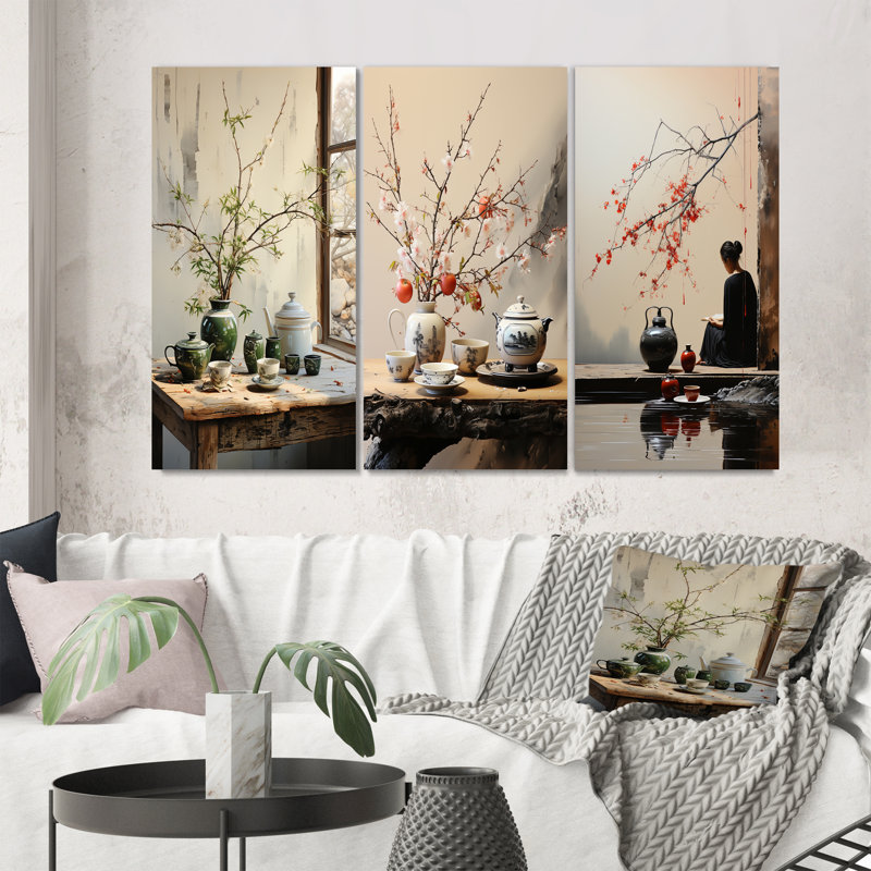 3 Pieces on Canvas - Japon Art Tea Ceremony, 32" H x 48" W, Wrapped Canvas