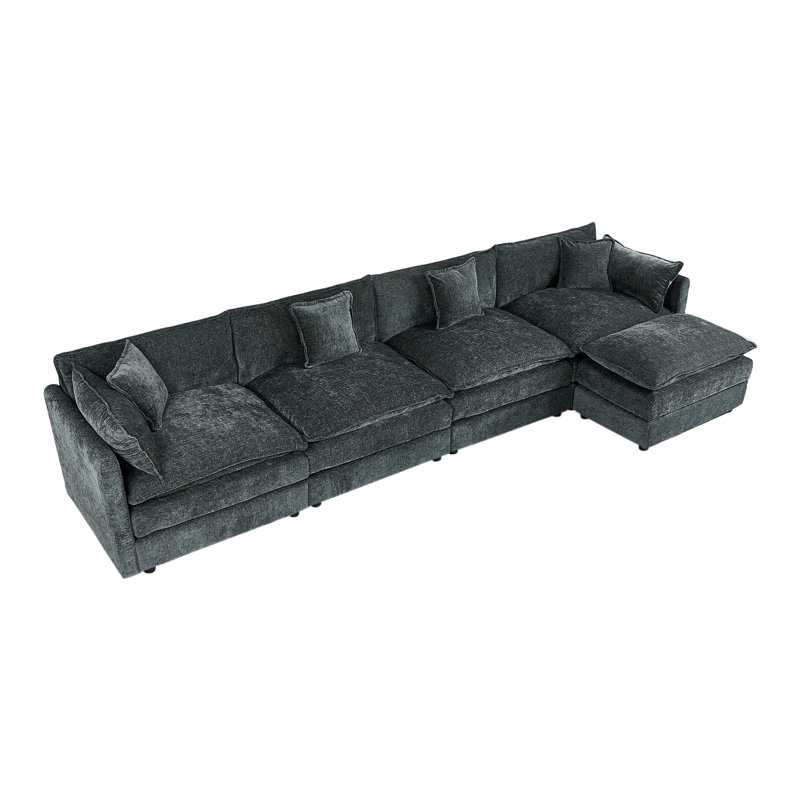 Canapé-lit en chenille moderne avec repose-pieds, Gris chenille, H 33,85 po x l 147,22 po x P 35,82 po